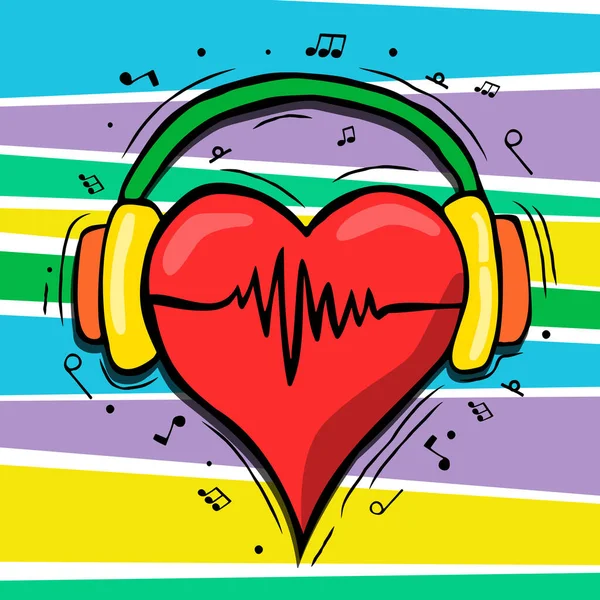 Red Human Heart Headphones Music Notes Hand Drawn Cartoon Style — Stock Vector