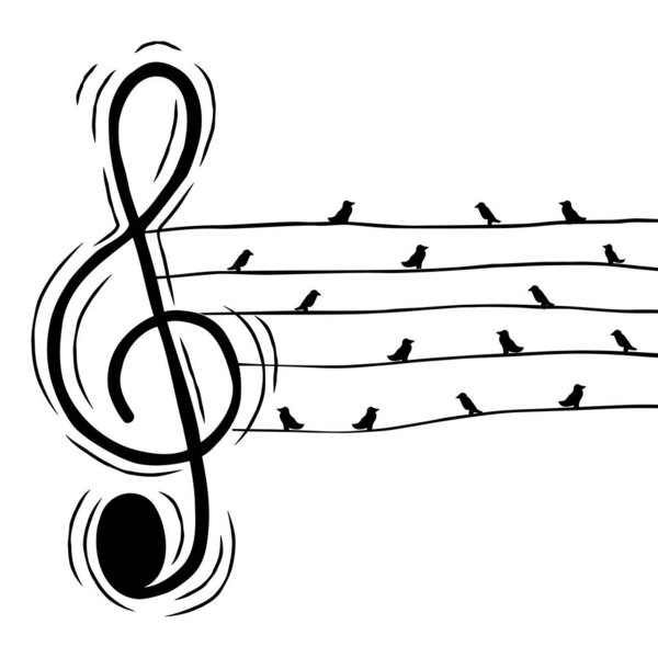 Music treble clef note with birds in wire illustration for musical event or nature sound concept. Hand drawn cartoon on isolated background.