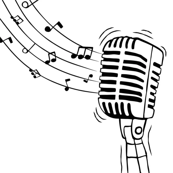 带音乐注释的音乐话筒 用于演唱事件或语音概念 孤立背景下的手绘漫画 — 图库矢量图片