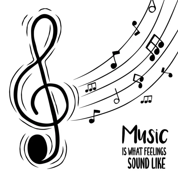 音楽は音楽的な愛の概念のためのテキスト引用イラストのような感じの音である オーディオノートの背景とトレブルクリフ漫画 — ストックベクタ