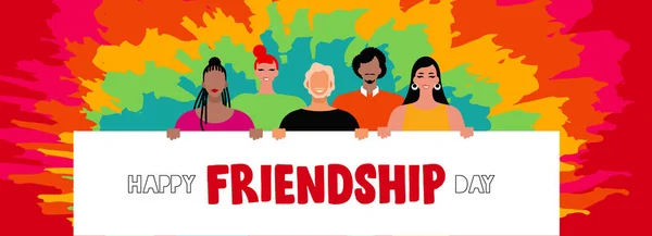 Днем Дружбы Баннер Иллюстрация Различных Молодых Друзей Держащих Друг Друга — стоковый вектор