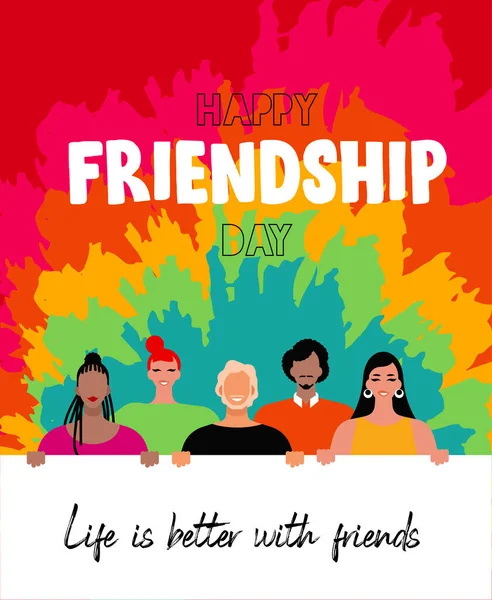 Happy Friendship Dzień Kartka Okolicznościowa Ilustracja Różnych Młodych Przyjaciół Grupy — Wektor stockowy
