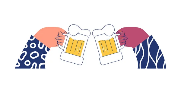 Deux Personnes Mains Tenant Verre Bière Sur Fond Blanc Isolé — Image vectorielle