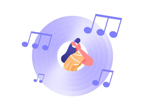 ヘッドフォンでレコードアイコン内の音楽を聴く女性 隔離された白い背景の音楽またはオーディオ技術の概念 — ストックベクタ