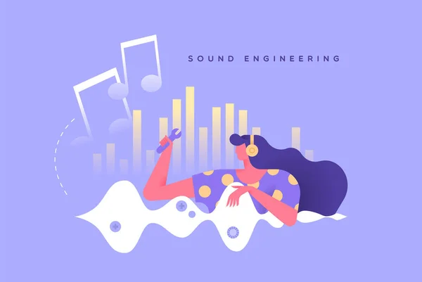 Ilustración Ingeniería Sonido Una Mujer Profesional Que Trabaja Estudio Con — Vector de stock