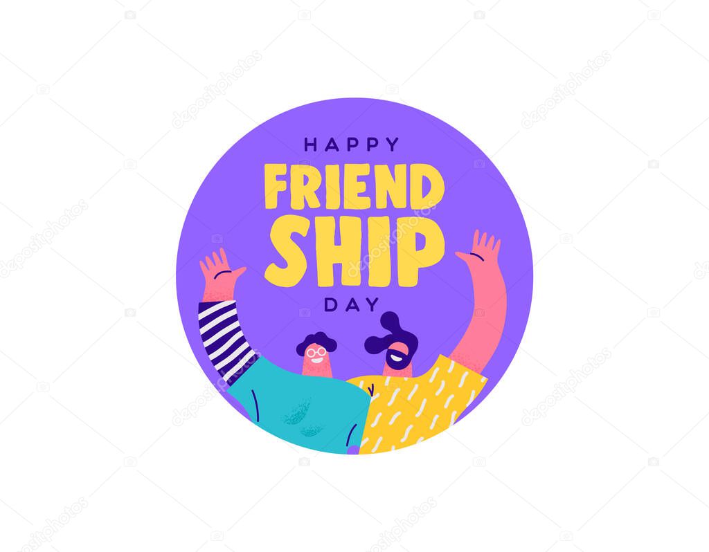 Happy friendship day greeting card illustration of two men friends hugging together and smiling for best friend relationship celebration.