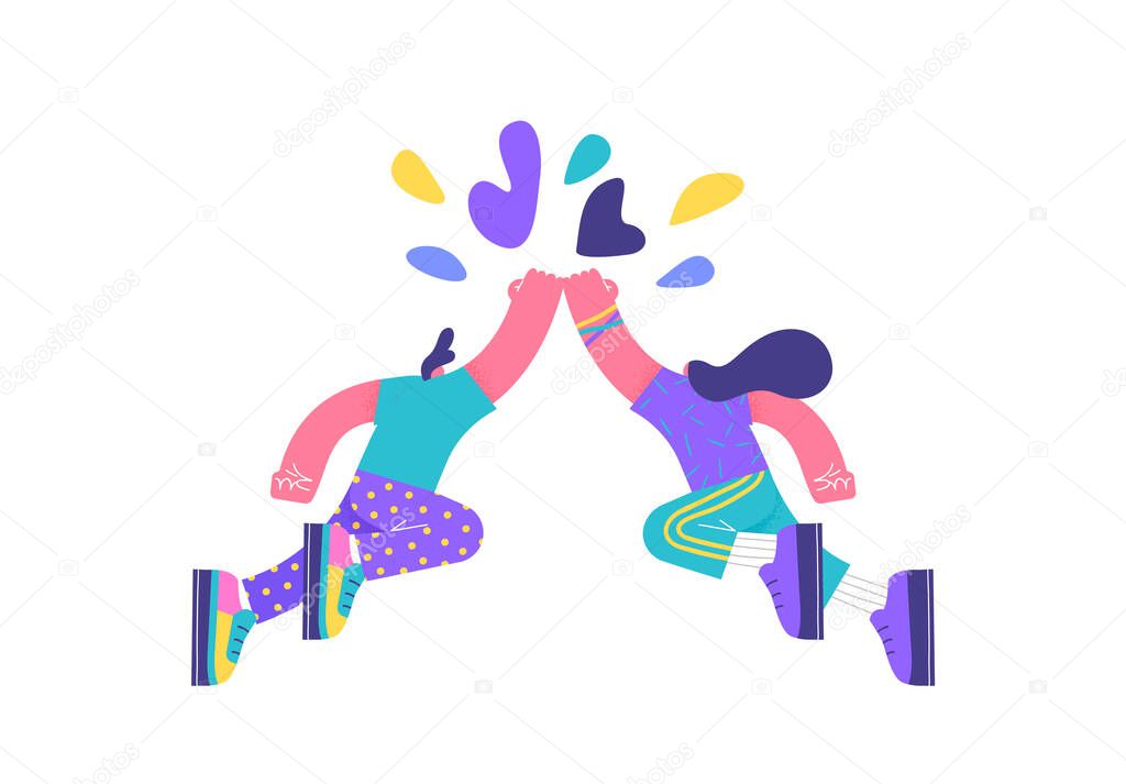 Man and woman friends doing fist bump hand gesture together. Colorful flat cartoon character illustration on isolated white background for work success, friendship celebration or teamwork concept.