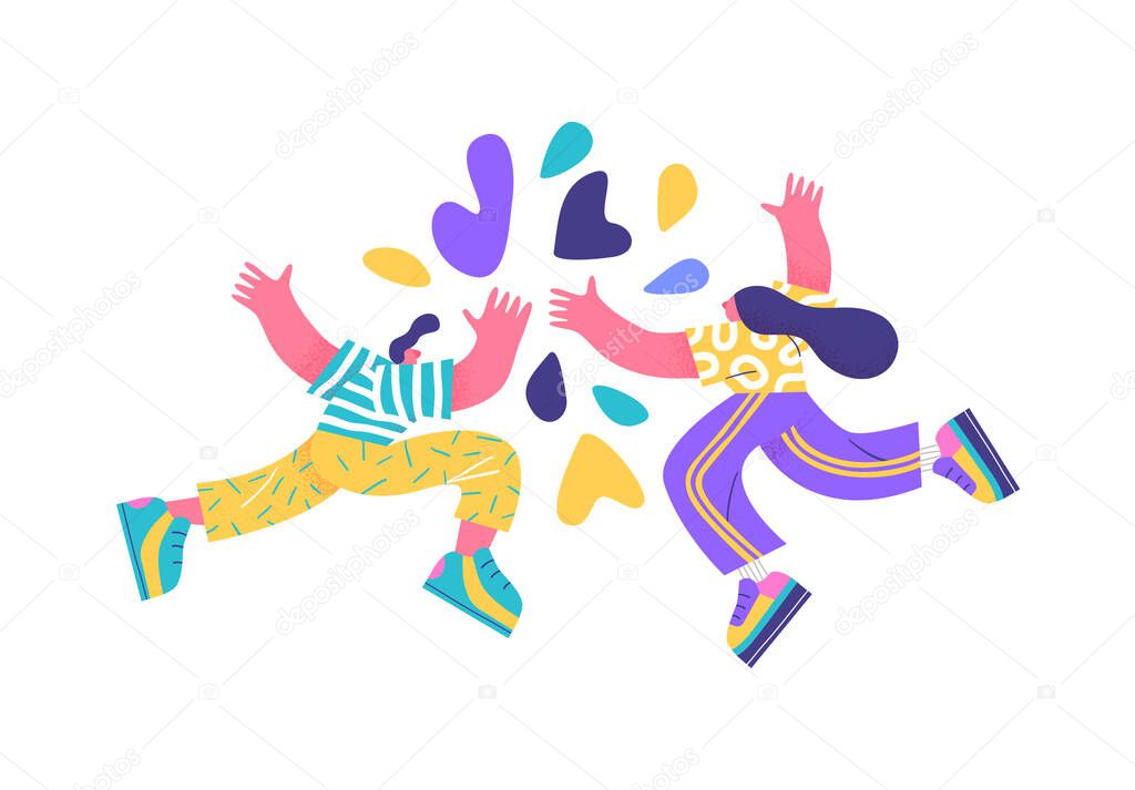 Man and woman friends doing high five hand gesture together. Colorful flat cartoon character illustration on isolated white background for work success, friendship celebration or teamwork concept.