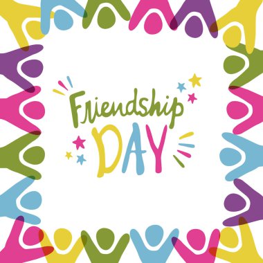 Çeşitli renkli arkadaş grubunun arkadaşlık günü tebrik kartı çizelgesi. Arkadaşlar sosyal etkinlik için metin alıntısını kutladılar.