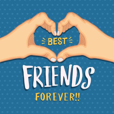 Dostluk Günü tebrik kartı çizimi. Arkadaş elleri kalp şeklinde aşk hareketi yapıyor. En iyi arkadaşlar sosyal etkinlik kutlaması için mesaj atarlar.