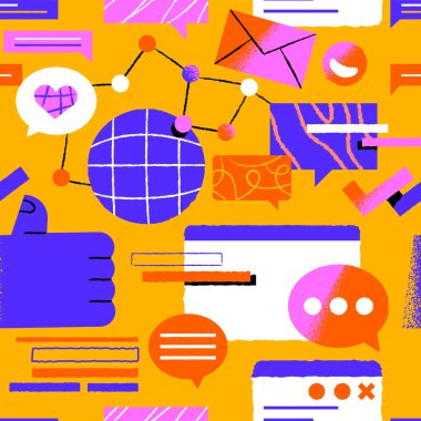 Eski 90 'ların çizgi film tarzında modayı takip eden telefon uygulaması simgelerinin çevrimiçi haberleşmesiz tasviri. Genç nesil web kültürü karalama geçmişi.