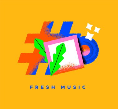 Fresh music colorful illustration of retro vinyl cd and hashtag symbol on isolated background. New song or album release concept in trendy hand drawn cartoon style. clipart