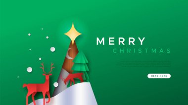 Çam ağacı kesiminin içinde modern kağıt kesimi kış manzarası olan mutlu Noeller web şablonu. Bayram iniş sayfası için vahşi ren geyiği ve kar ormanı kağıt işçiliği.