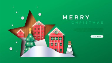 Mutlu Noeller web sayfası şablonu. Yıldız şeklindeki kışın kağıt kesimi manzarasının çizimi. 3D kağıt ustası, kardan adam, çam ağacı ve şenlikli köy..