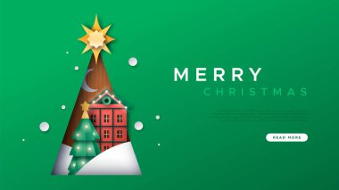 Çam ağacı kesiminin içinde modern kağıt kesimi kış manzarası olan mutlu Noeller web şablonu. Bayram iniş sayfası için şenlikli köy evi ve kar ormanı kağıt işçiliği.