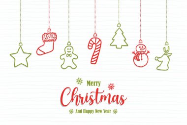 Mutlu Noeller. Yeni yılınız kutlu olsun. Elle çizilmiş Xmas süslemesi. Bayram için kardan adam, şeker kamışı, yıldız ve geyik tasarımı.