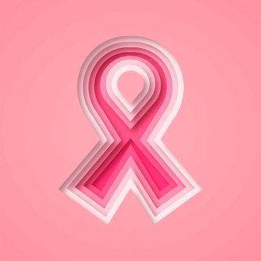 Modern kağıt kesim zanaatı tarzında pembe göğüs kanseri kurdelesi sembolü. Hastalık önleme veya kadın sağlık kampanyası için izole edilmiş tıbbi kağıt kesimi tasarımı.