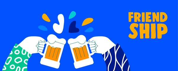 友人の手をビールグラスを保持の幸せな友情の日のウェブバナーイラスト 友人トースト漫画デザインのための関係休日のお祝い — ストックベクタ