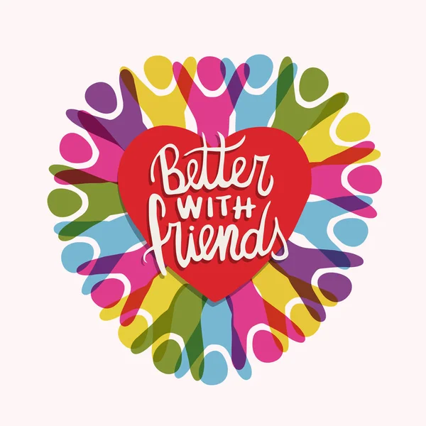 Freundschaftstag Grußkarte Illustration Von Vielfältigen Bunten Freundesgruppe Und Herzform Lieber — Stockvektor