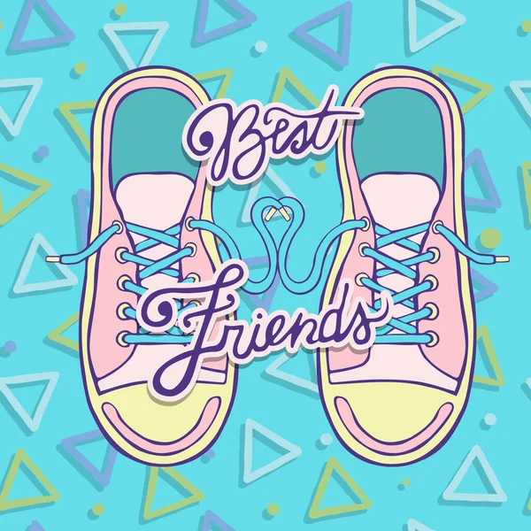 友情の日の挨拶カードのイラスト2つのスニーカーの靴と特別な社会的お祝いのためのテキスト引用 — ストックベクタ