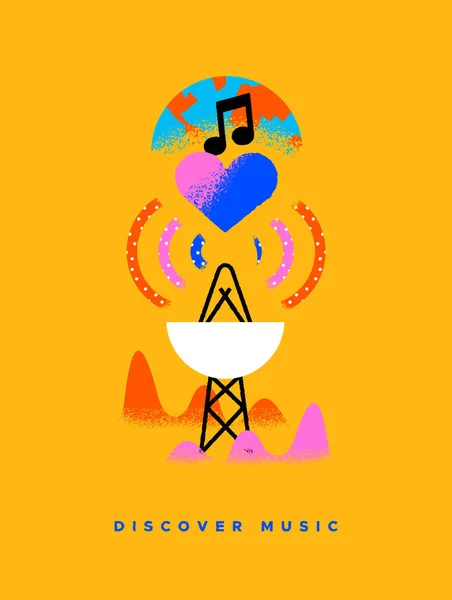 Odkryj Muzykę Kolorowe Ilustracje Odosobnionym Tle Radar Muzyczny Lub Globalna — Wektor stockowy