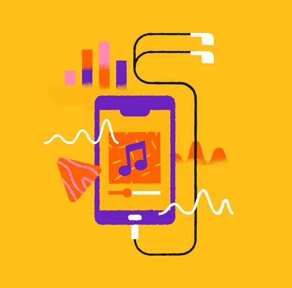 Telefoon Muziek App Cartoon Illustratie Geïsoleerde Achtergrond Muzikale Speler Smartphone — Stockvector