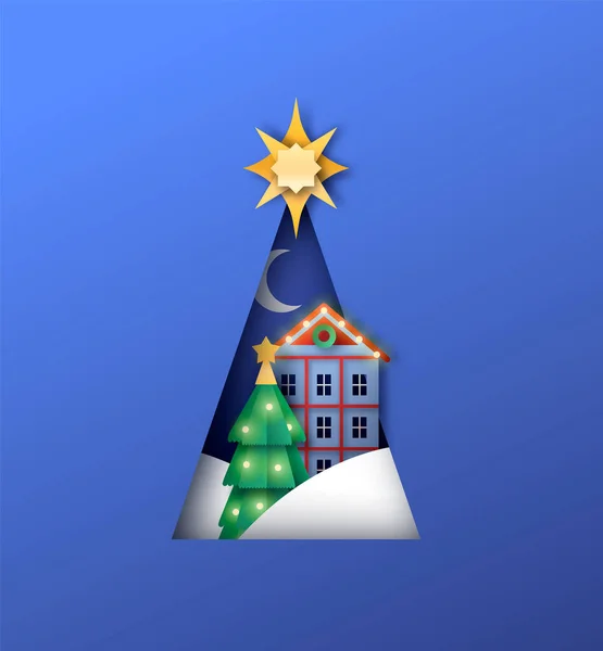 松の木の形の切り抜きの中の夜にお祝いの紙カットの家や冬の風景の紙のクリスマスシーズンのイラストを切り取ります 孤立した背景での3D休日のシーン — ストックベクタ