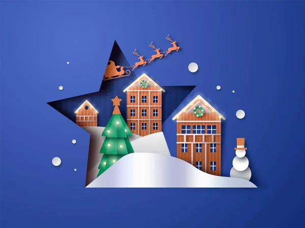 スターカットアウト内のペーパーカット冬の風景のメリークリスマスイラスト 三次元紙工芸サンタクラス鹿そり 松の木 雪だるまや再生段ボール材料のデザインで作られた家の村 — ストックベクタ