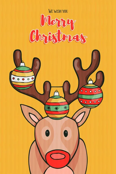 手描きスタイルで装飾と面白いトナカイのメリークリスマスグリーティングカードイラスト クリスマスの願いやパーティー招待のための伝統的な休日の漫画の鹿 — ストックベクタ