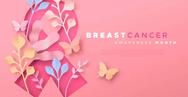 乳腺癌认识月网页模板说明 粉红缎带 具有现代纸巾风格 具有春天的自然和蝴蝶装饰 疾病预防运动或妇女保健概念 — 图库矢量图片