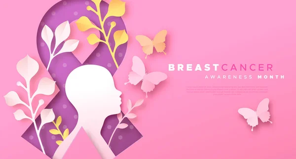 Bröstcancer Medvetenhet Månad Webb Mall Illustration Kvinnligt Ansikte Modern Papercut — Stock vektor