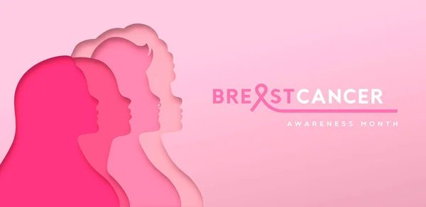 Brustkrebs Bewusstsein Monat Banner Illustration Diverse Rosafarbene Frauengruppe Papierschnitt Stil — Stockvektor