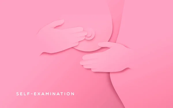 Femme Faisant Auto Examen Dans Style Artisanal Coupe Papier Rose — Image vectorielle