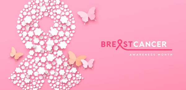 Brustkrebs Bewusstsein Monat Banner Illustration Der Papierblume Rosa Schleife Symbol — Stockvektor