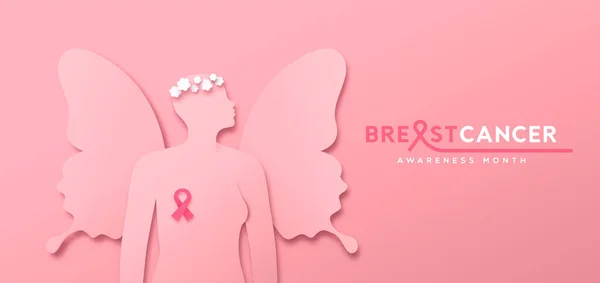 Breast Cancer Awareness Month Web Banner Illustration Woman Pink Butterfly — Stock Vector