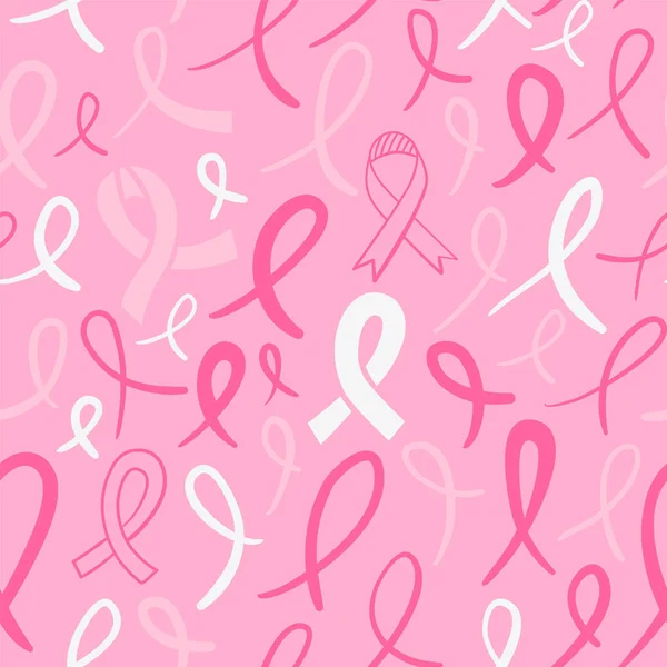 Bröstcancer Medvetenhet Sömlös Mönster Enkel Rosa Band Doodle Dekoration Bakgrund — Stock vektor