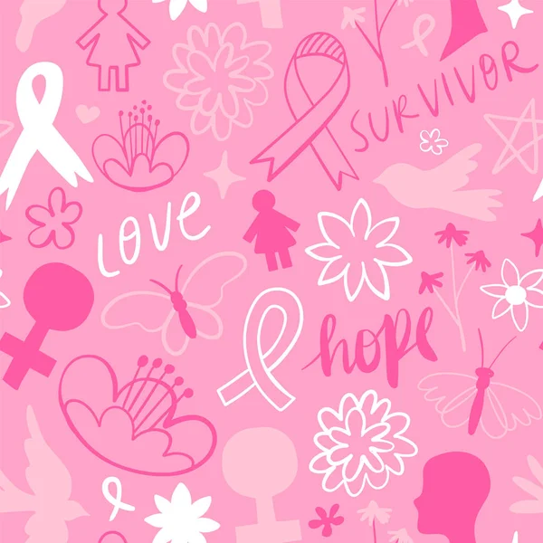 Brustkrebs Bewusstsein Nahtlose Muster Rosa Spring Doodle Dekoration Hintergrund Für — Stockvektor