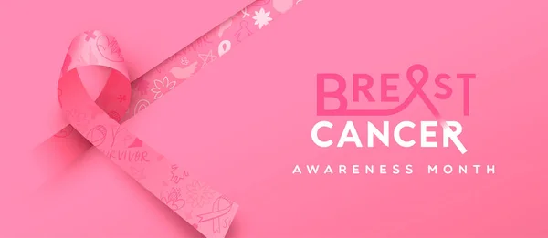 Seno Cancro Consapevolezza Mese Banner Illustrazione Ritaglio Nastro Seta Rosa — Vettoriale Stock