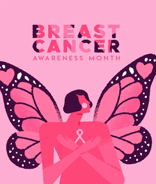 Bröstcancer Medvetenhet Månad Gratulationskort Illustration Vacker Kvinna Med Fjäril Vingar — Stock vektor