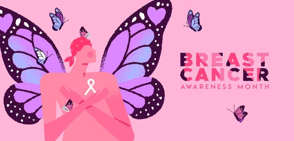 Bannière Mois Sensibilisation Cancer Sein Illustrant Beau Personnage Féminin Avec — Image vectorielle