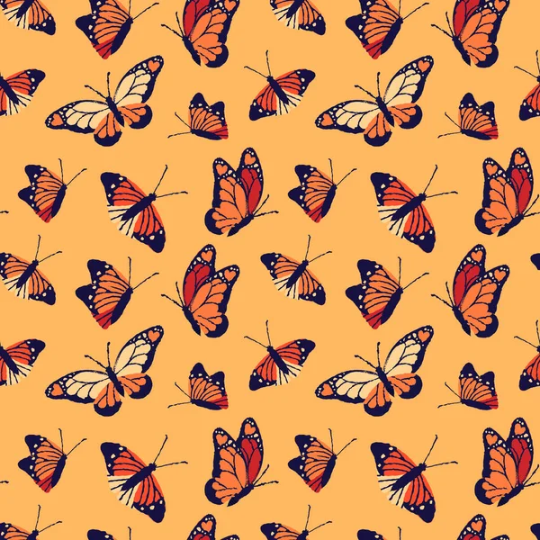 Monarch Borboleta Sem Costura Padrão Bela Mão Desenhada Borboletas Fundo — Vetor de Stock