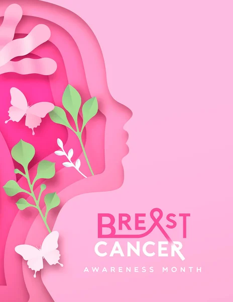 Brustkrebs Bewusstsein Monat Grußkarte Illustration Von Rosa Frauenkopf Papierschnitt Handwerk — Stockvektor