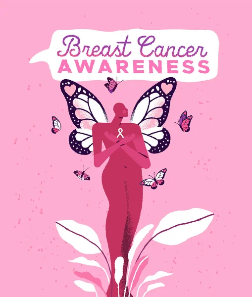 Brustkrebs Bewusstsein Monat Grußkarte Illustration Der Schönen Frau Mit Schmetterlingsflügeln — Stockvektor