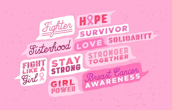 乳腺癌意识粉红引文集 有力的鼓舞词和激励信息为女性医学 妇女保健打字引文 贴纸包或标签集 — 图库矢量图片