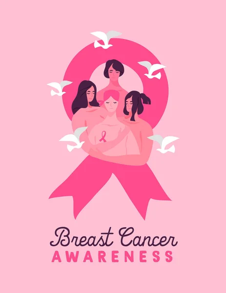 Brustkrebs Bewusstsein Monat Grußkarte Schöne Überlebende Frau Rosa Schleife Umarmt — Stockvektor