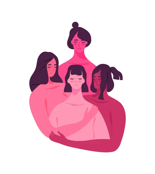 感情的なサポートや友情の愛の概念のための幸せな多様な女性の抱擁の女の子の友人のグループ 孤立した背景にフラット人々漫画 — ストックベクタ