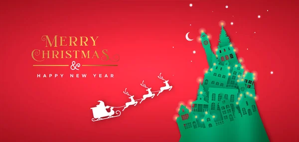 Joyeux Noël Bonne Année Illustration Bannière Ville Hiver Coupe Papier — Image vectorielle