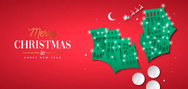Joyeux Noël Bonne Année Illustration Bannière Ville Hiver Coupe Papier — Image vectorielle