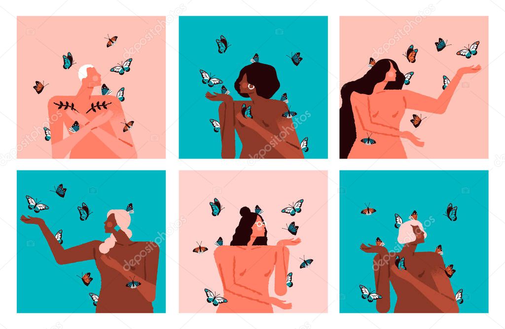 Beautiful diverse women characters with butterfly flying on isolated background. Ethnic woman group for female wellness, body care or feminist campaign.