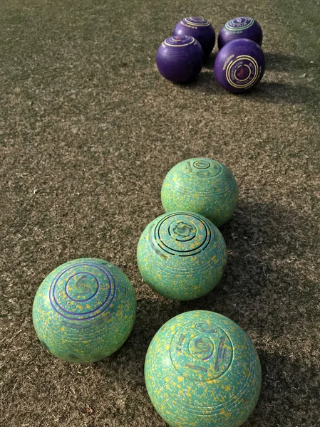 Primo Piano Della Partita Bocce Giardino Campo Esterno Con Erba — Foto Stock